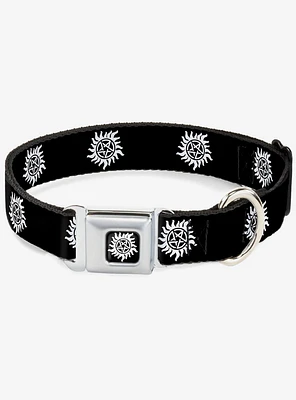 Supernatural Winchester Pentagram Repeat Black White Seatbelt Buckle Dog Collar