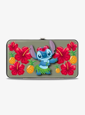 Disney Lilo & Stitch Hula Pose Front Back Hibiscus Flowers Pineapples Hinged Wallet