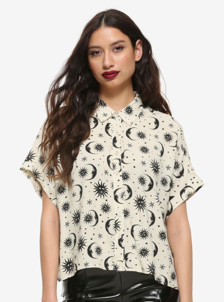 Cream & Black Celestial Girls Oversized Crop Button-Up