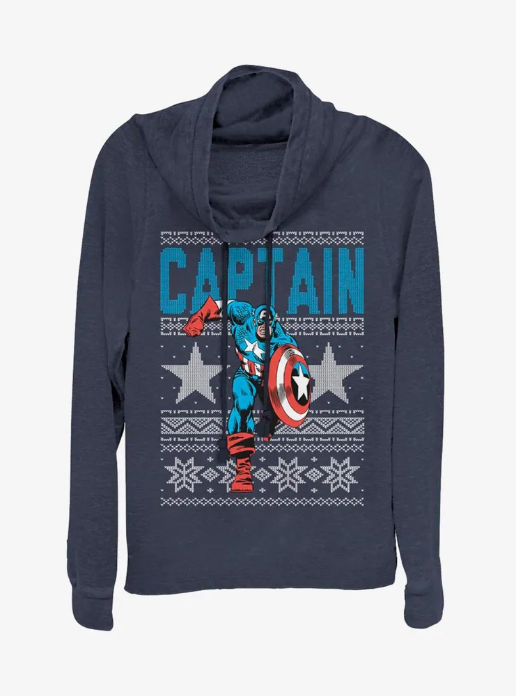 Marvel Captain America Action Christmas Pattern Cowlneck Long-Sleeve Womens Top