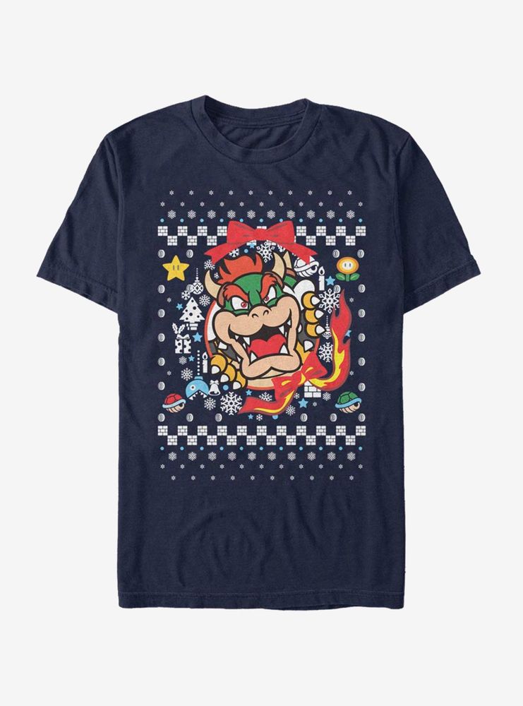 Nintendo Super Mario Wreath Bowser Christmas Pattern T-Shirt