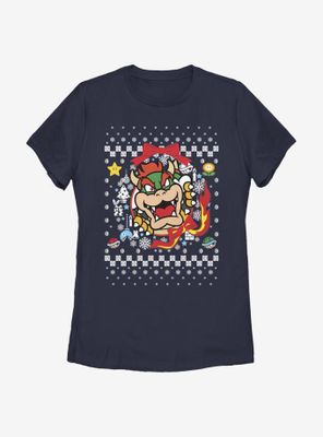 Nintendo Super Mario Wreath Bowser Christmas Pattern Womens T-Shirt