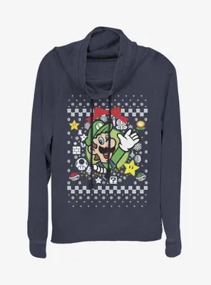 Nintendo Super Mario Wreath Luigi Christmas Pattern Cowlneck Long-Sleeve Womens Top