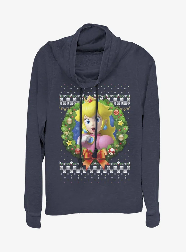 Nintendo Super Mario Wreath Princess Peach 3D Cowlneck Long-Sleeve Womens Top