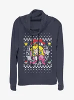 Nintendo Super Mario Wreath Princess Peach Christmas Pattern Cowlneck Long-Sleeve Womens Top