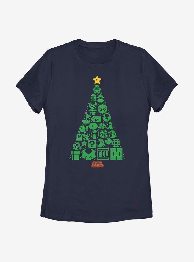 Nintendo Super Mario Christmas Tree Icons Womens T-Shirt