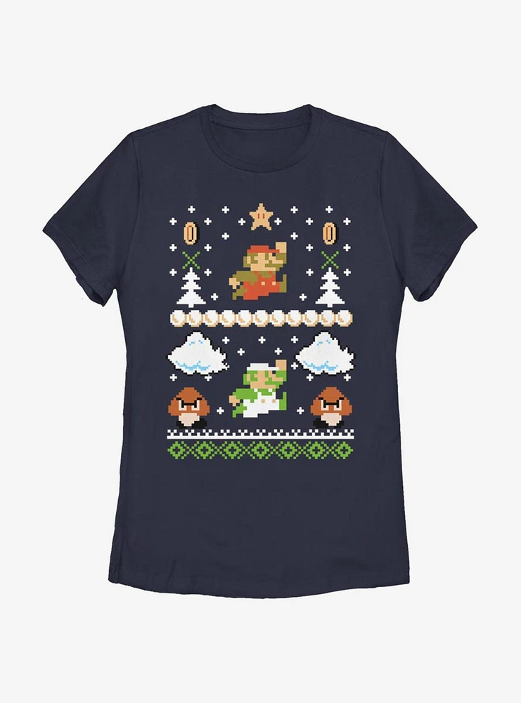 Nintendo Super Mario Retro Adventure Christmas Pattern Womens T-Shirt
