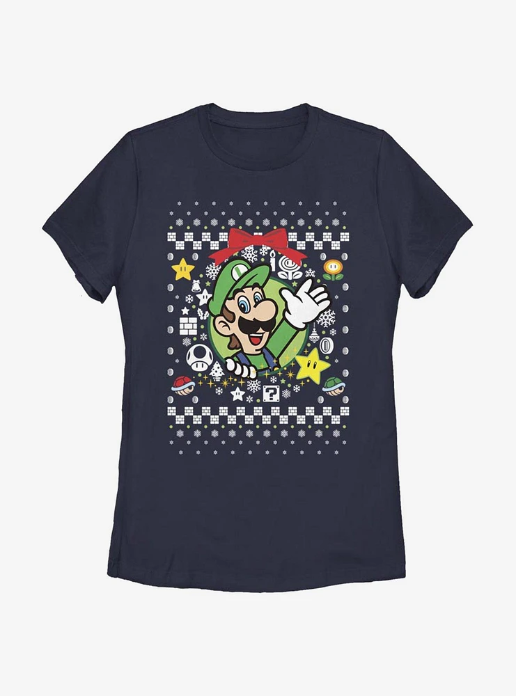 Nintendo Super Mario Wreath Luigi Christmas Pattern Womens T-Shirt