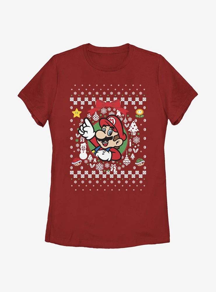 Nintendo Super Mario Wreath Christmas Pattern Womens T-Shirt