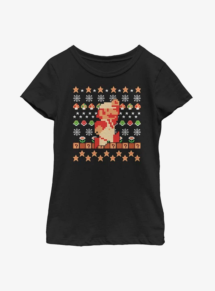 Nintendo Super Mario Retro Jump Christmas Pattern Youth Girls T-Shirt