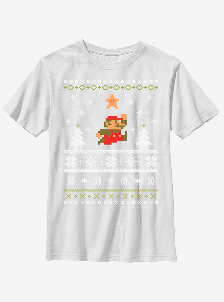 Nintendo Super Mario Jump Christmas Pattern Youth T-Shirt