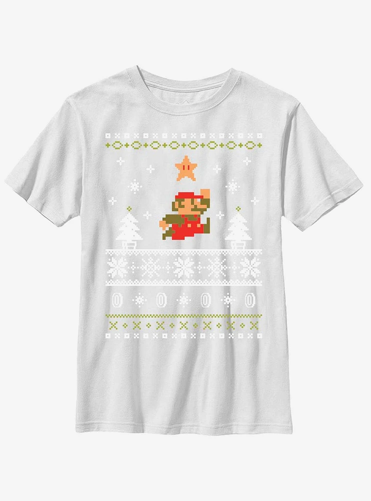 Nintendo Super Mario Jump Christmas Pattern Youth T-Shirt