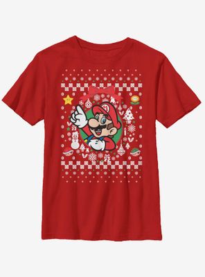 Nintendo Super Mario Wreath Christmas Pattern Youth T-Shirt