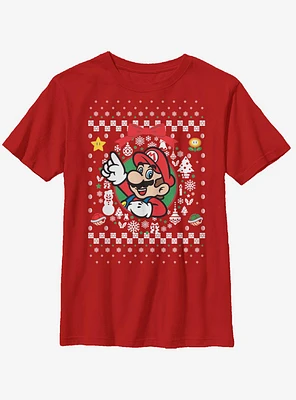 Nintendo Super Mario Wreath Christmas Pattern Youth T-Shirt