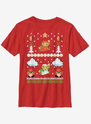 Nintendo Super Mario Retro Adventure Christmas Pattern Youth T-Shirt