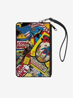 DC Comics Classic Action Comics And Superman Comic Book Covers Stacked Wallet Canvas Zip Clutch