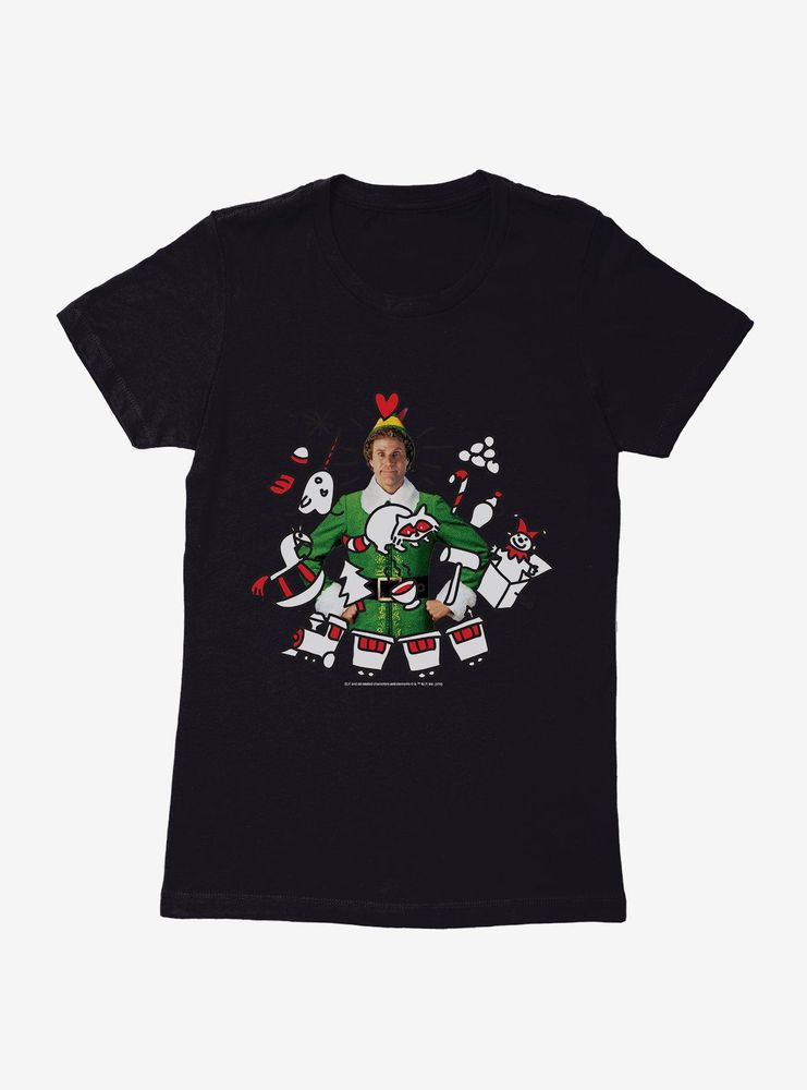 Elf Buddy With Icons Womens T-Shirt