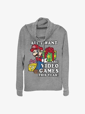 Super Mario All I Want Are Video Games Holiday Cowl Neck Long-Sleeve Girls Top