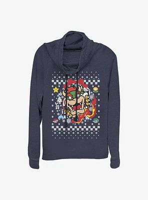 Super Mario Bowser Wreath Ugly Christmas Sweater Cowl Neck Long-Sleeve Girls Top