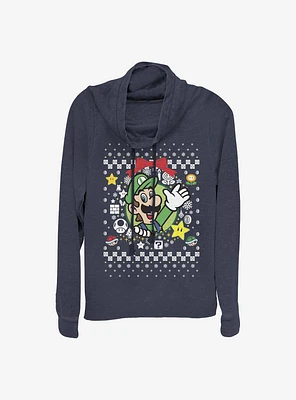 Super Mario Luigi Wreath Ugly Christmas Sweater Cowl Neck Long-Sleeve Girls Top