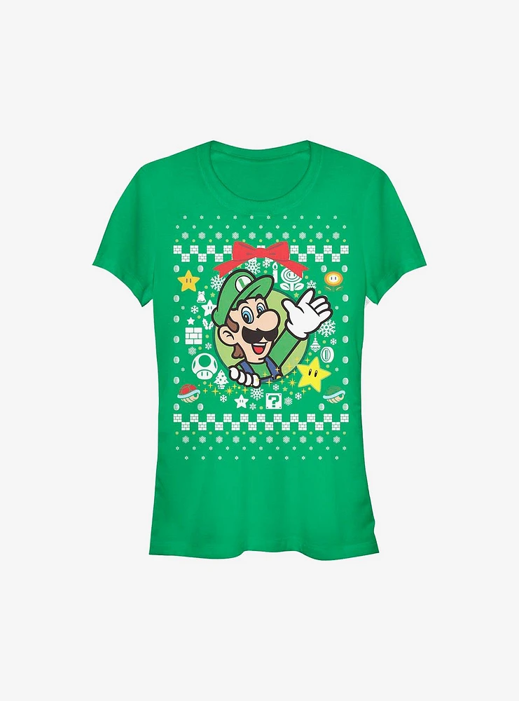 Super Mario Luigi Wreath Ugly Christmas Sweater Girls T-Shirt