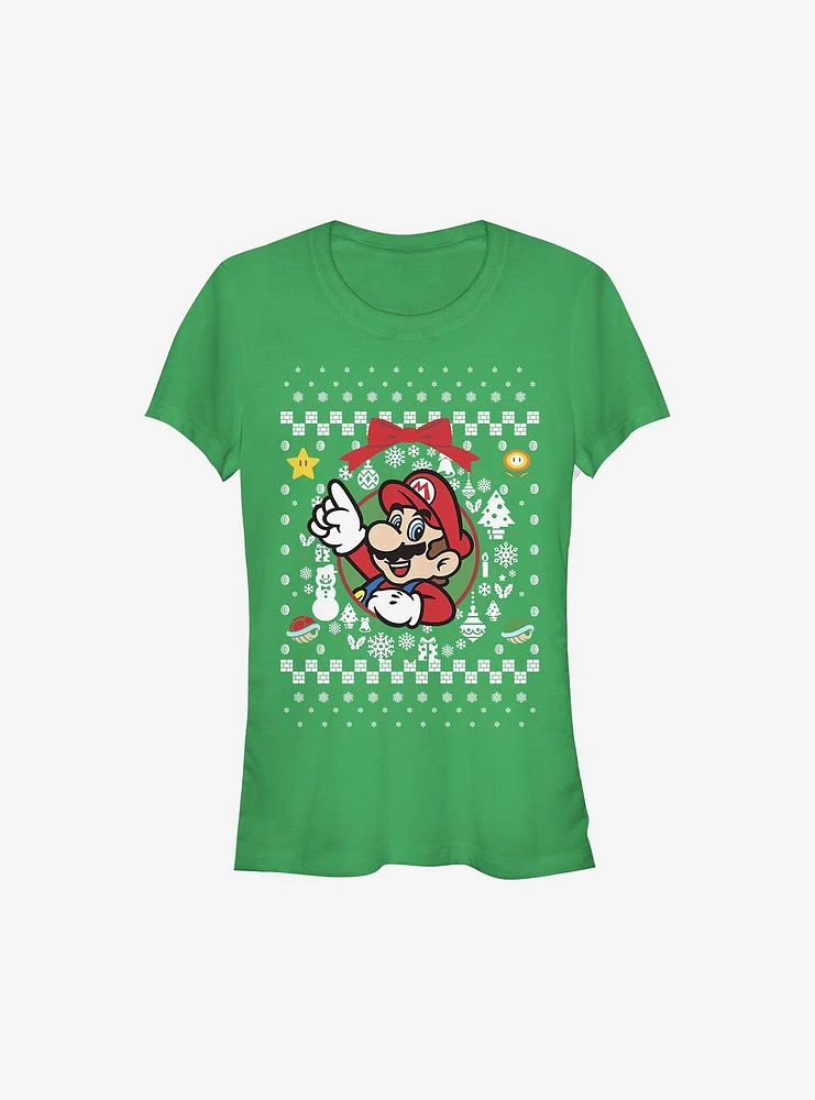 Super Mario Wreath Ugly Christmas Sweater Girls T-Shirt
