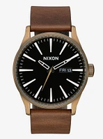 Nixon Sentry Leather Brass Black Brown Watch