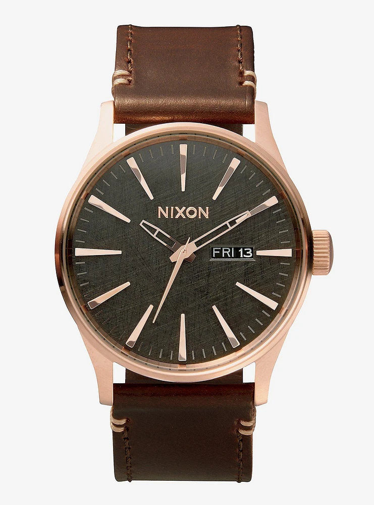 Nixon Sentry Leather Rose Gold Gunmetal Brown Watch