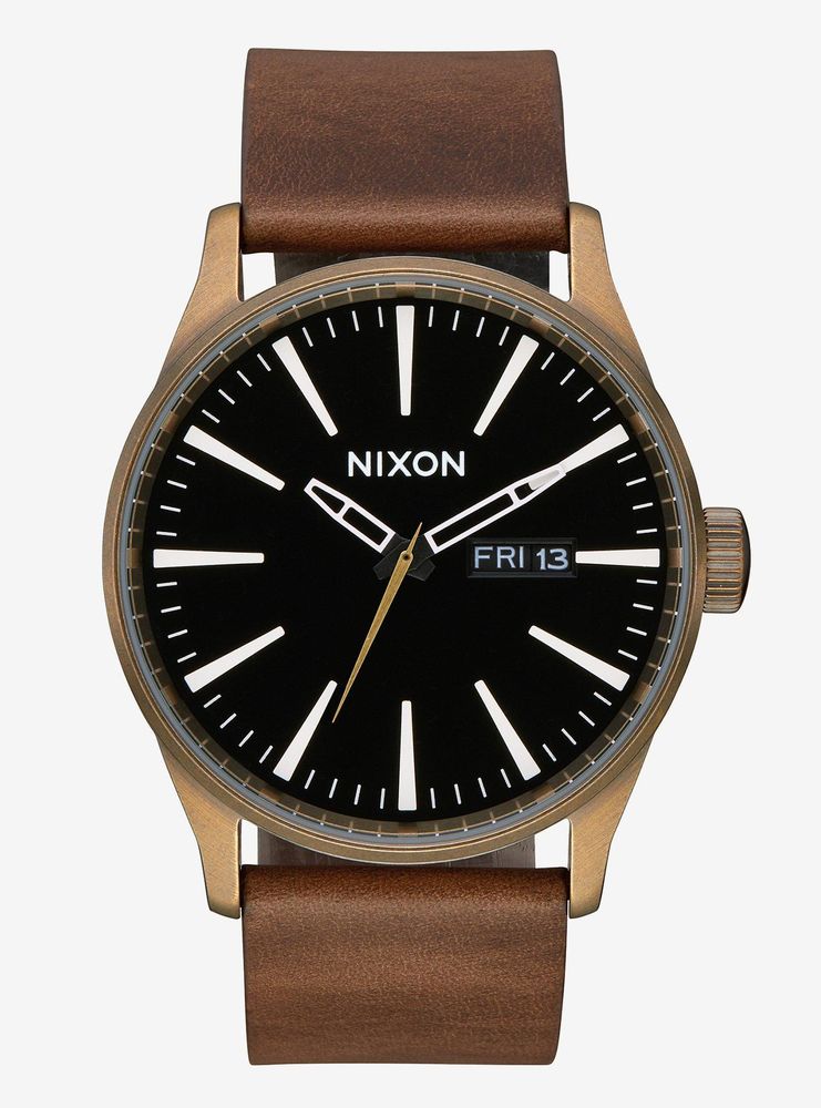 Nixon Sentry Leather Brass Black Brown Watch