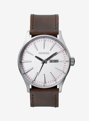 Nixon Sentry Leather Silver Brown Watch