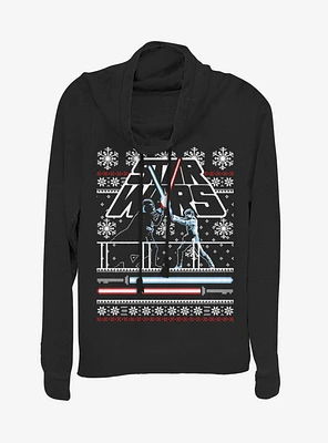 Star Wars Holiday Face Off Christmas Pattern Cowlneck Long-Sleeve Womens Top