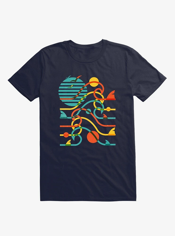 Sun, Waves, And Bites Shark Navy Blue T-Shirt