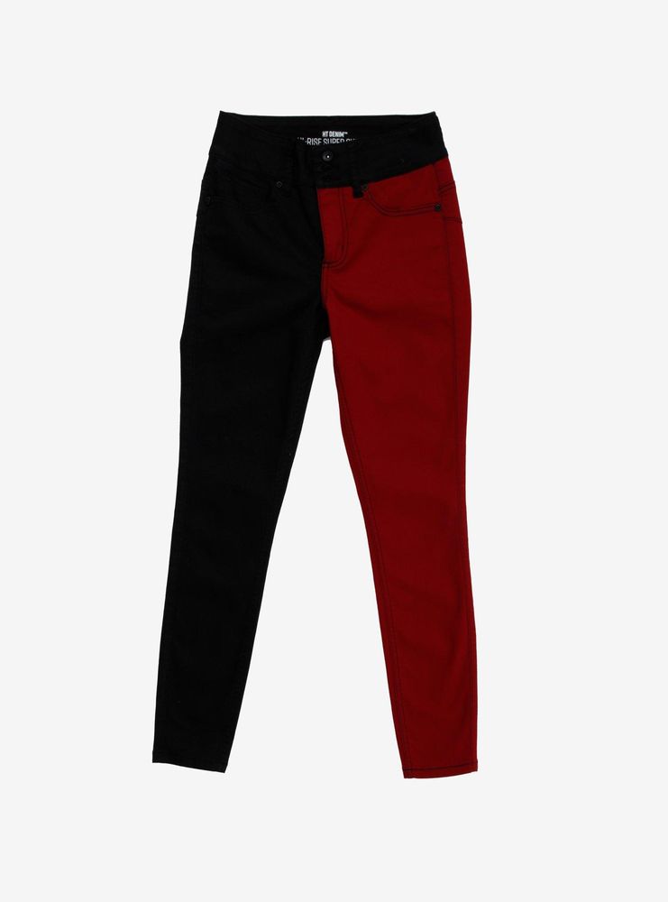 HT Denim Red & Black Split Leg Hi-Rise Super Skinny Jeans