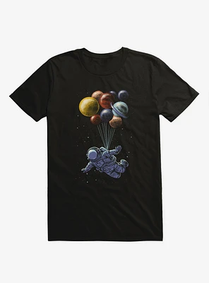 Space Travel Astronaut And Balloon Planets Black T-Shirt