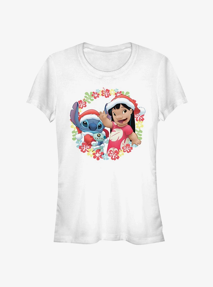 Disney Lilo & Stitch Christmas Hawaiian Floral Wreath Girls T-Shirt