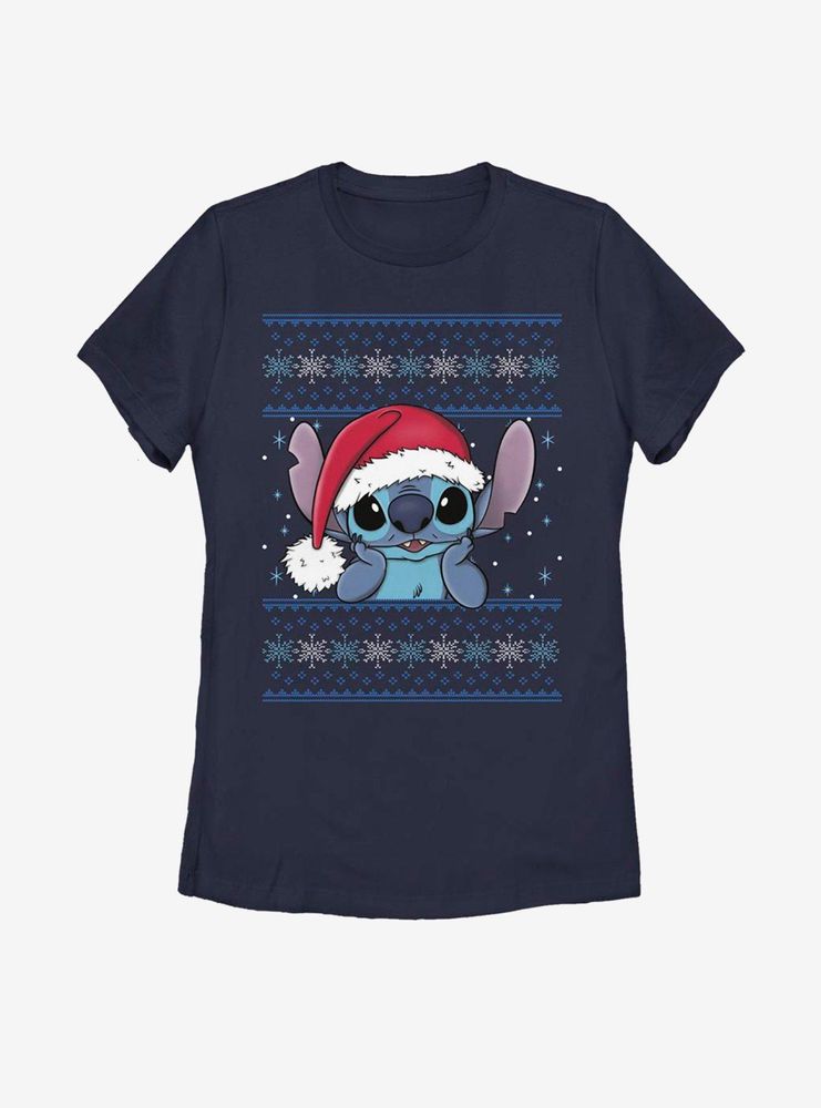 Disney Lilo And Stitch Santa Holiday Pattern Womens T-Shirt