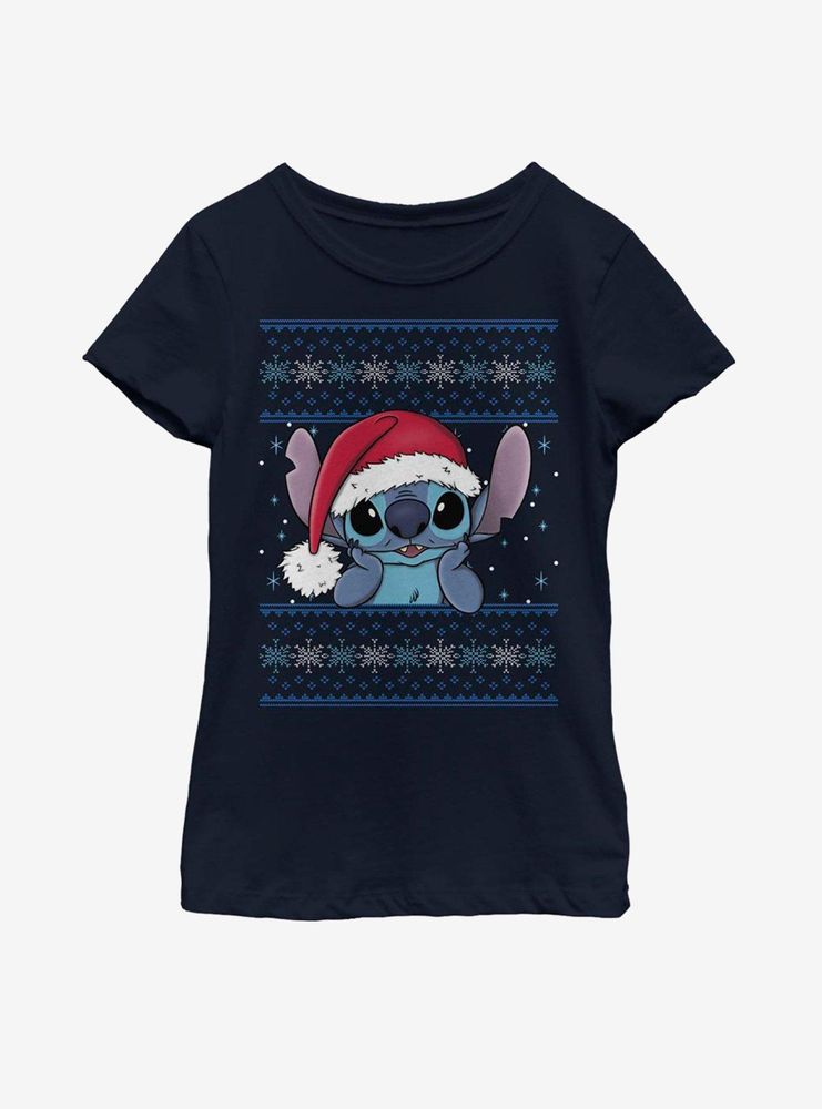 Disney Lilo And Stitch Santa Holiday Pattern Youth Girls T-Shirt