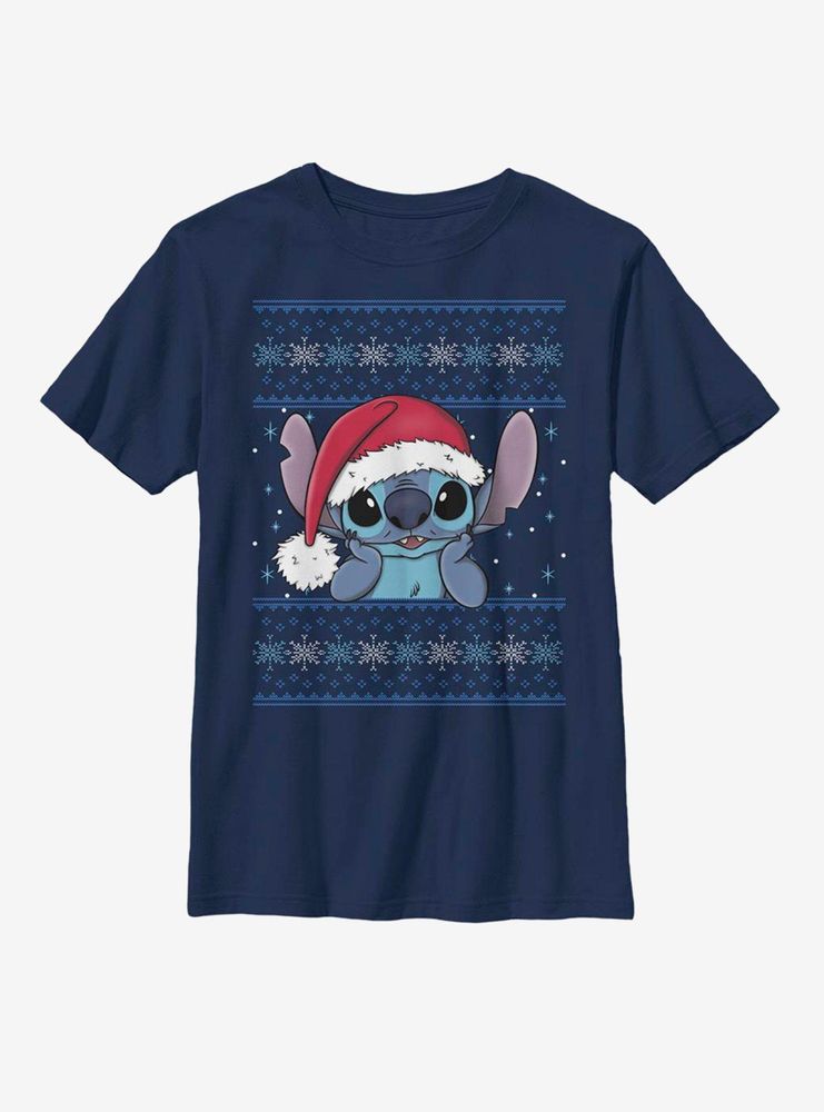 Disney Lilo And Stitch Santa Holiday Pattern Youth T-Shirt