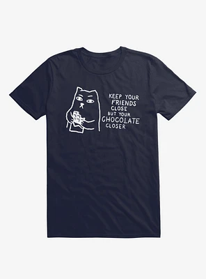 Keep Your Friends Close But Your Chocolate Closer Cat Navy Blue T-Shirt