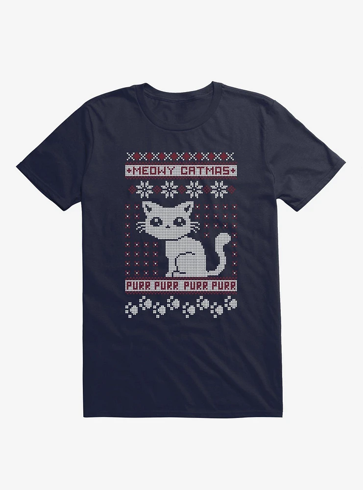 Meowy Catmas Cat Holiday Sweater Navy Blue T-Shirt