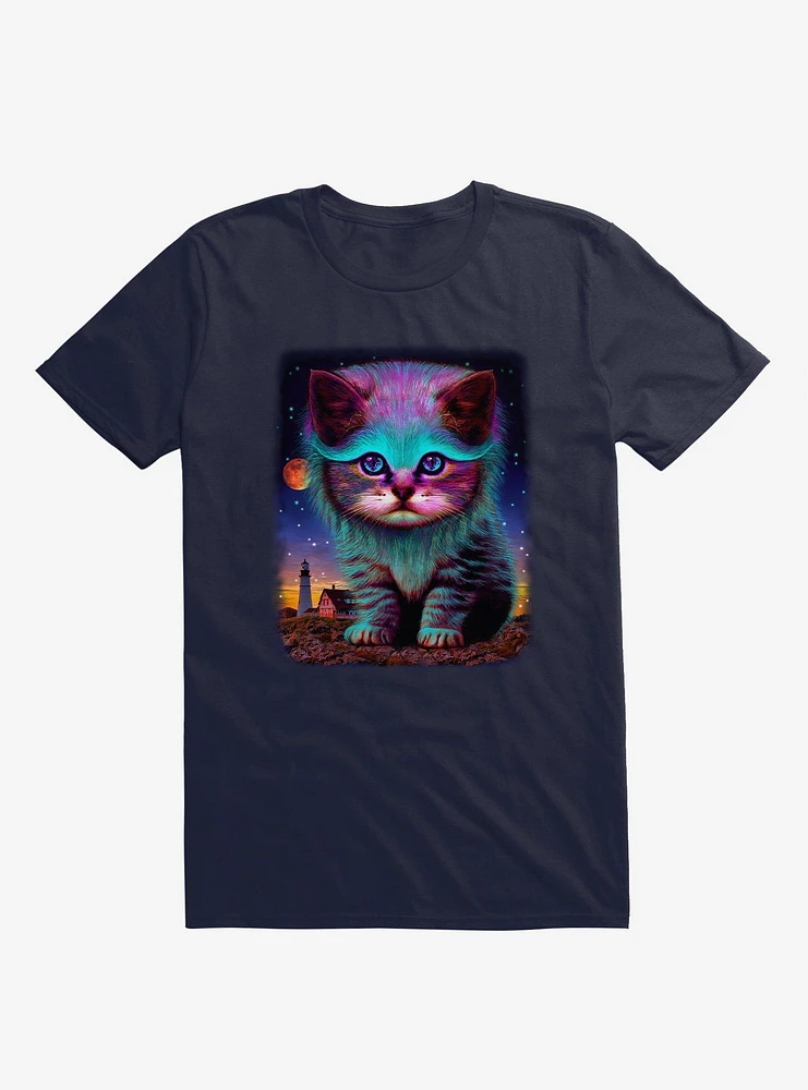 Waiting For My Fish Cat & Stars Navy Blue T-Shirt