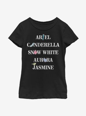 Disney Princesses Name Stack Faux Patch Icons Youth Girls T-Shirt