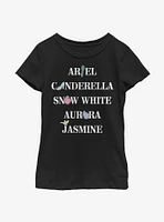 Disney Princesses Name Stack Faux Patch Icons Youth Girls T-Shirt
