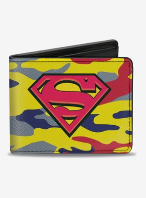 DC Comics Superman Shield Camo Yellow Gray Blue Red Bi-fold Wallet