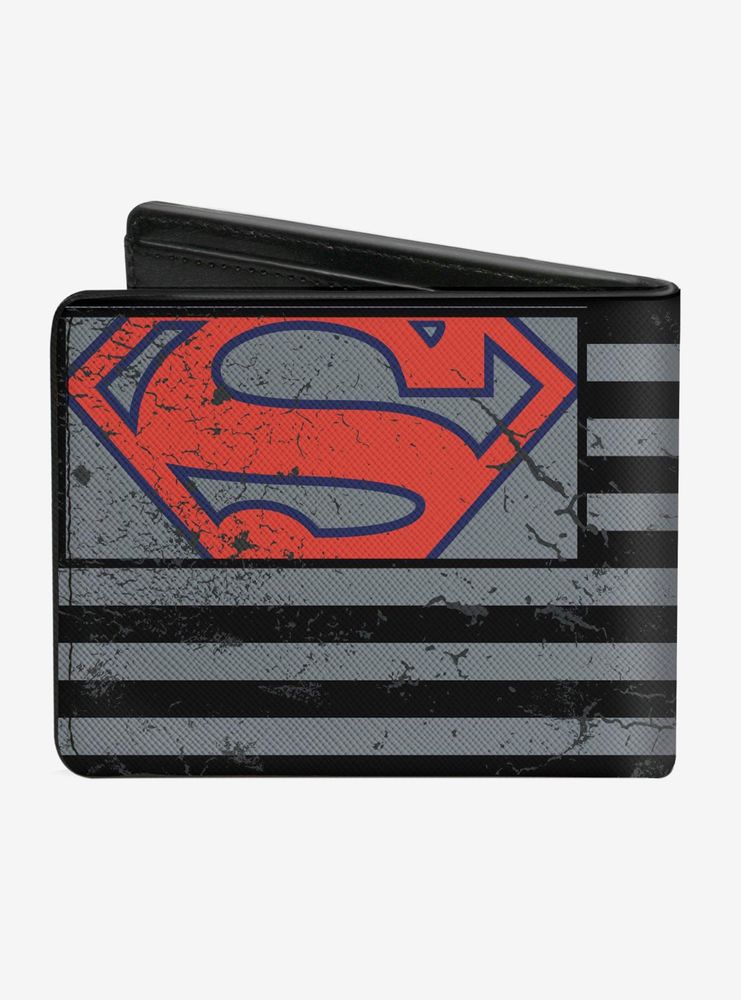 DC Comics Superman Shield Americana Weathered Gray Black Blue Red Bi-fold Wallet