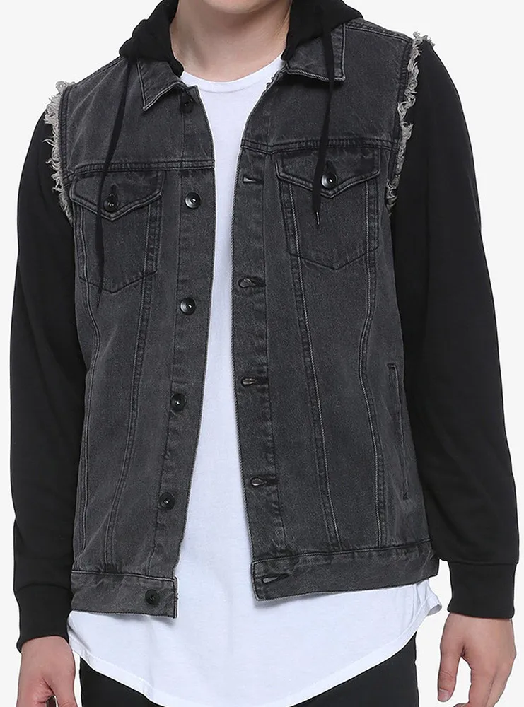 First Manufacturing Denim Vest with Hoodie (Black or Gray) - Rook :...