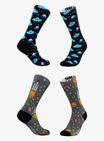 Blue UFO Alien and Grey Rocket Ship Socks 2 Pairs