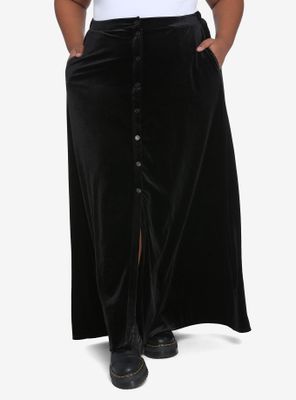 Black Velvet Button-Front Maxi Skirt Plus