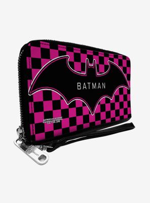 DC Comics Batman Bat Logo Checker Fuchsia Black Zip Around Rectangle Wallet