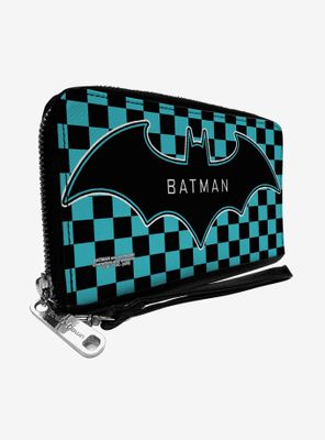 DC Comics Batman Bat Logo Checker Teal Black Zip Around Rectangle Wallet